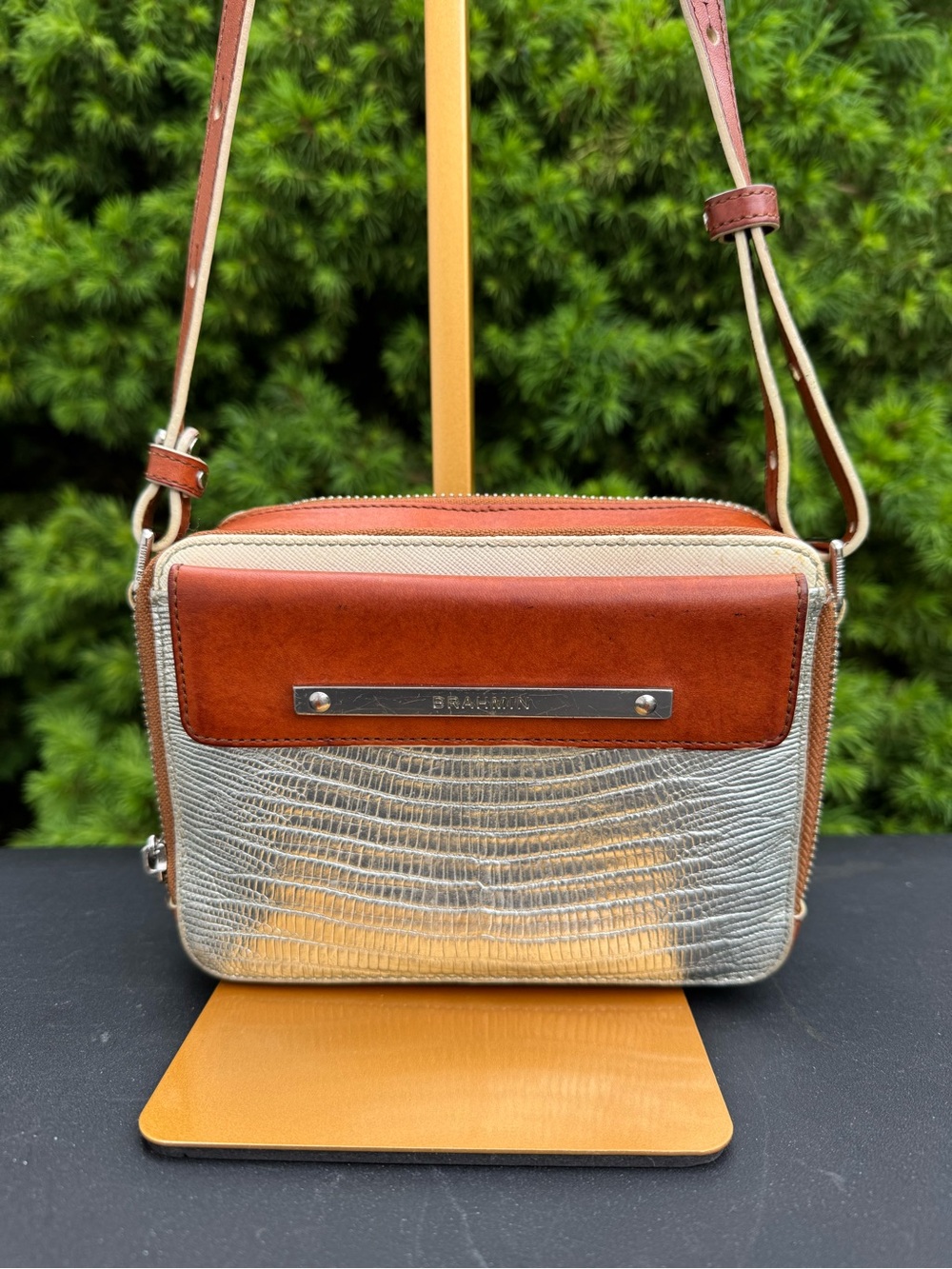 Brahmin Silver Croc-Embossed Crossbody with Chestnut Trim